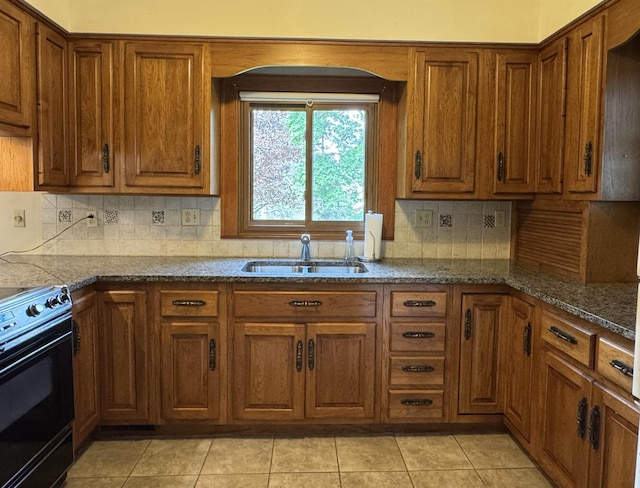 1627 S M-52 Hwy, Owosso, MI 48867 - kitchen with electric range, a sink, brown cabinetry, and tasteful backsplash