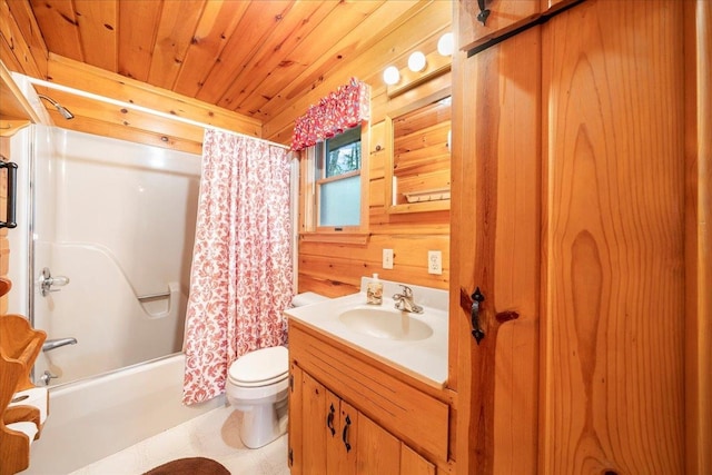 full bath featuring toilet, wood ceiling, shower / bath combo, vanity, and wooden walls