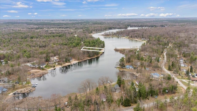 aerial view of property's location featuring a nearby body of water and a forest