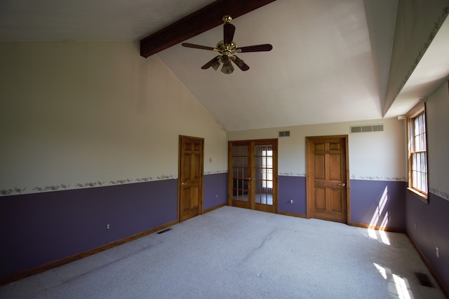 23049 27 Mile Rd, Ray, MI 48096 - empty room featuring french doors, ceiling fan, beamed ceiling, carpet flooring, and baseboards