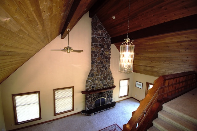 23049 27 Mile Rd, Ray, MI 48096 - living area with wood ceiling, carpet flooring, a chandelier, beam ceiling, and high vaulted ceiling