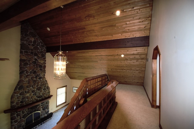 23049 27 Mile Rd, Ray, MI 48096 - corridor featuring a chandelier, carpet flooring, beam ceiling, and high vaulted ceiling