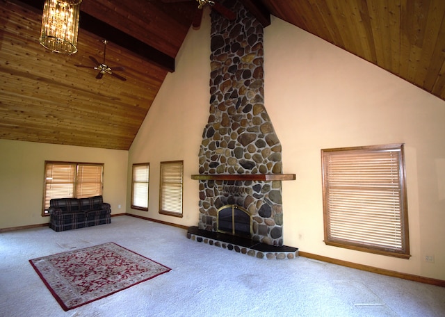 23049 27 Mile Rd, Ray, MI 48096 - carpeted living room featuring high vaulted ceiling, a ceiling fan, baseboards, beam ceiling, and a fireplace