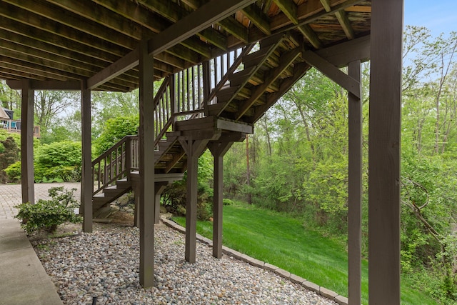4958 Countryside Dr, West Bloomfield, MI 48323 - view of patio featuring stairway and a forest view