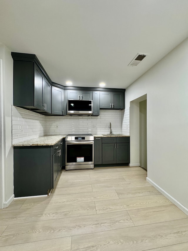 4915 Clarkston Rd, Clarkston, MI 48348 - kitchen featuring appliances with stainless steel finishes, a sink, light wood-style flooring, tasteful backsplash, and baseboards