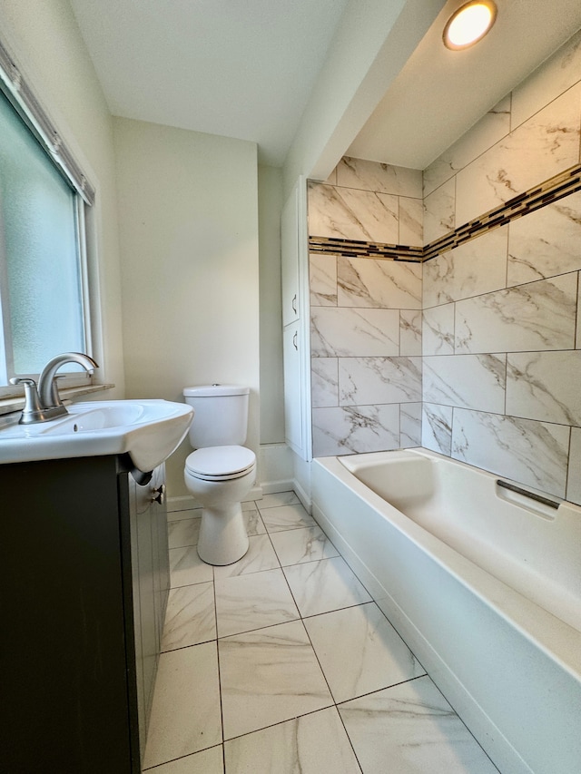 4915 Clarkston Rd, Clarkston, MI 48348 - full bathroom with marble look tile flooring, toilet, vanity, baseboards, and washtub / shower combination