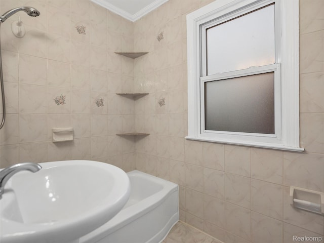 6010 Hartwell St, Dearborn, MI 48126 - bathroom featuring ornamental molding, tile walls, and a sink