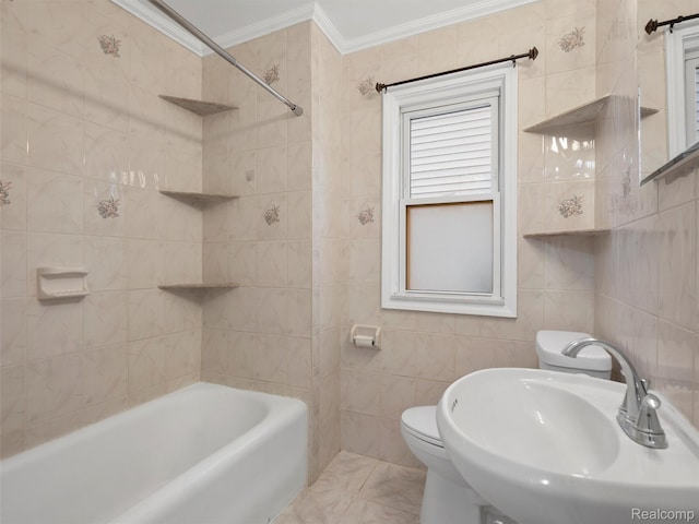 6010 Hartwell St, Dearborn, MI 48126 - full bath featuring ornamental molding, a sink, tile walls, toilet, and shower / washtub combination