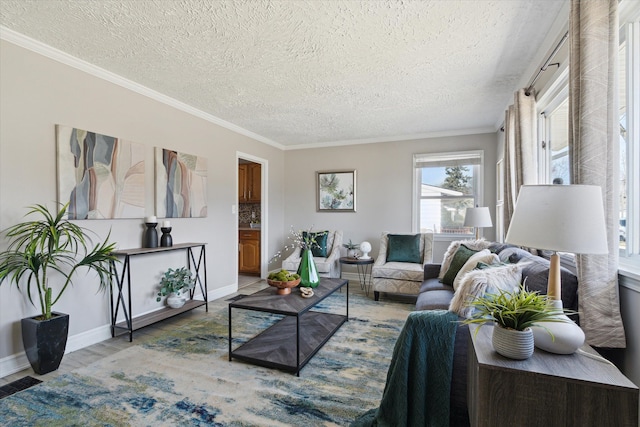 living area featuring a textured ceiling, ornamental molding, baseboards, and wood finished floors