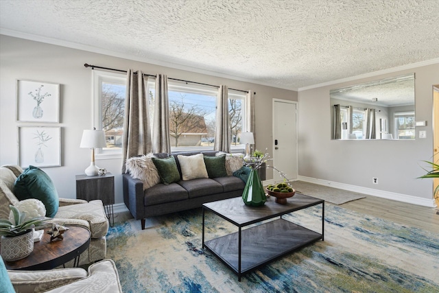 living room with wood finished floors, baseboards, crown molding, and a textured ceiling