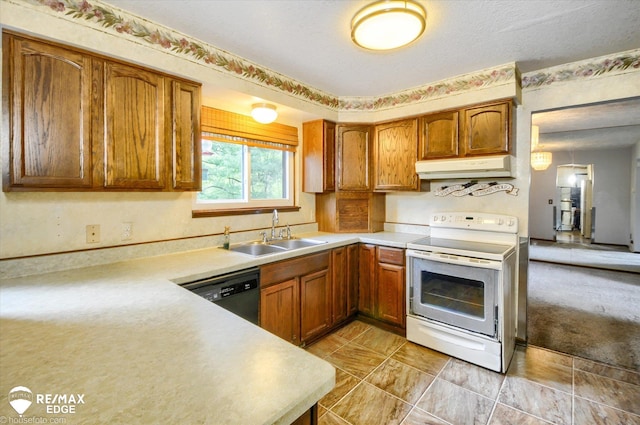500 Granger Rd, Ortonville, MI 48462 - kitchen featuring electric stove, a sink, under cabinet range hood, stainless steel dishwasher, and light countertops