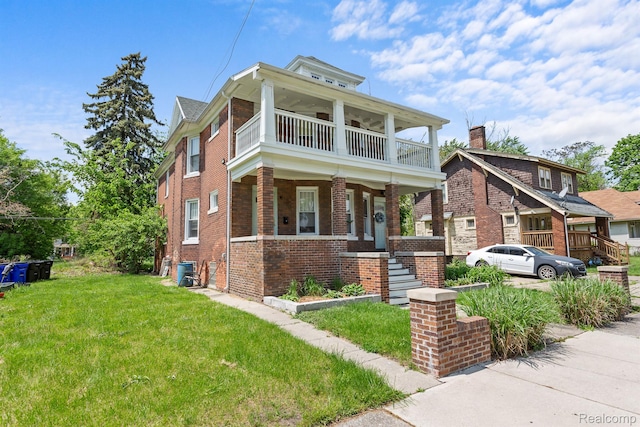 7501 Dunedin St, Detroit, MI 48206 - view of front of home with a balcony, a porch, brick siding, and a front lawn