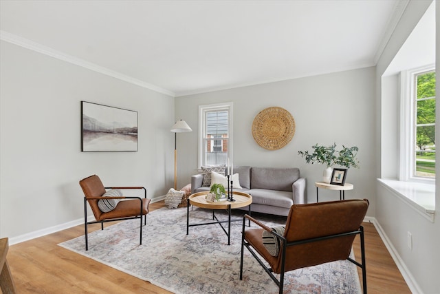 living room with wood finished floors, ornamental molding, and baseboards