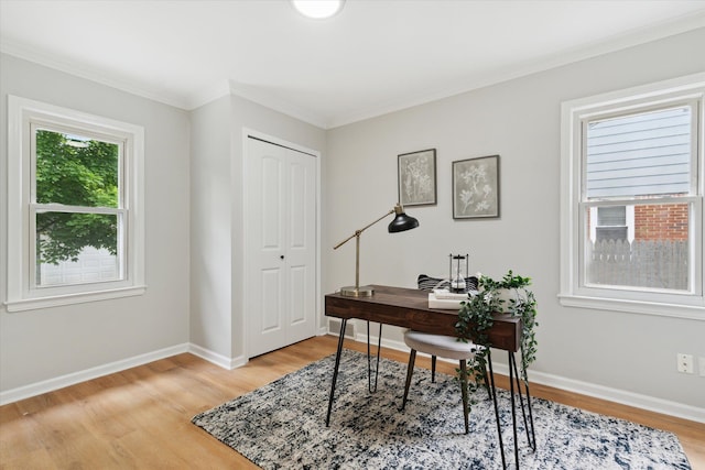 office with light wood finished floors, ornamental molding, and baseboards