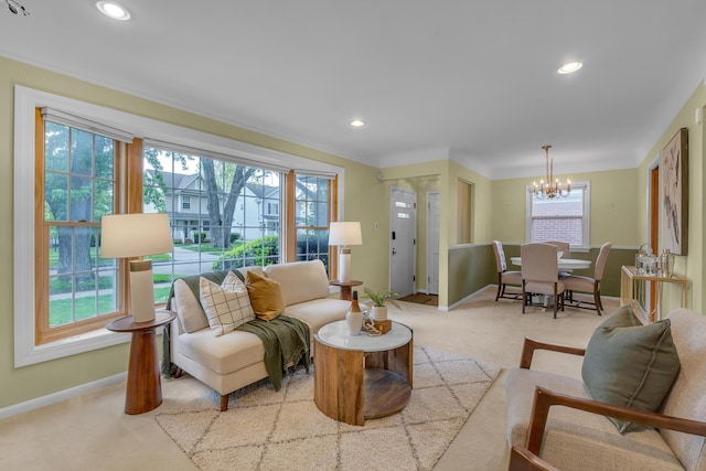 19150 Lexington, Redford, MI 48240 - carpeted living area with a chandelier, healthy amount of natural light, baseboards, recessed lighting, and crown molding