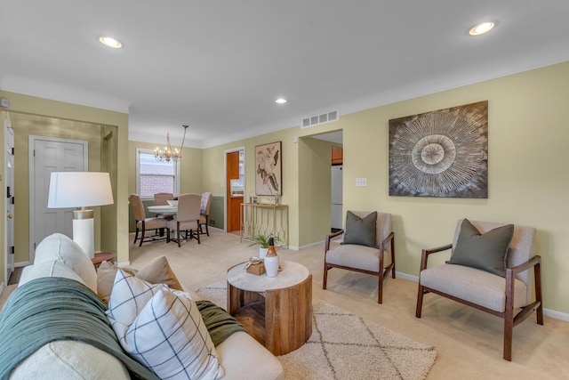 19150 Lexington, Redford, MI 48240 - living room featuring light colored carpet, a chandelier, recessed lighting, and baseboards