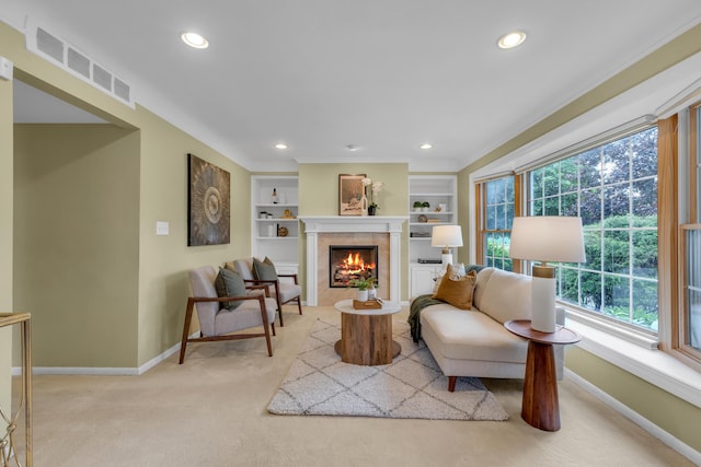 19150 Lexington, Redford, MI 48240 - living area with carpet floors, baseboards, a fireplace, recessed lighting, and built in features