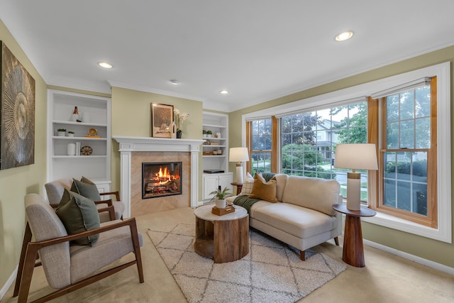 19150 Lexington, Redford, MI 48240 - living room with baseboards, a tiled fireplace, built in features, recessed lighting, and light carpet