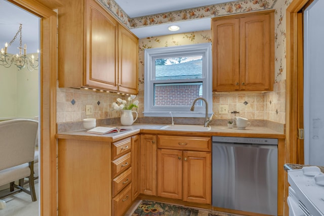 19150 Lexington, Redford, MI 48240 - kitchen featuring stainless steel dishwasher, a sink, light countertops, backsplash, and a chandelier