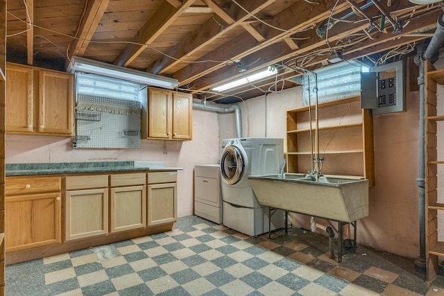 19150 Lexington, Redford, MI 48240 - clothes washing area with washing machine and clothes dryer, cabinet space, electric panel, and light flooring