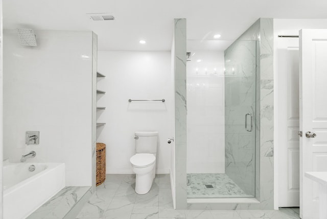 436 E Milwaukee St Unit 8, Detroit, MI 48202 - bathroom featuring a marble finish shower, marble finish floors, toilet, a bath, and recessed lighting