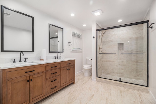 16114 Alpine Dr, Livonia, MI 48154 - full bath featuring a shower stall, toilet, double vanity, marble finish floors, and baseboards