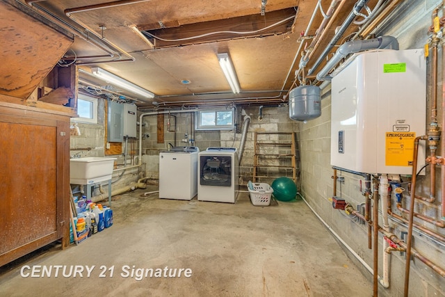 9610 Saginaw St, Reese, MI 48757 - basement with independent washer and dryer, water heater, and a sink