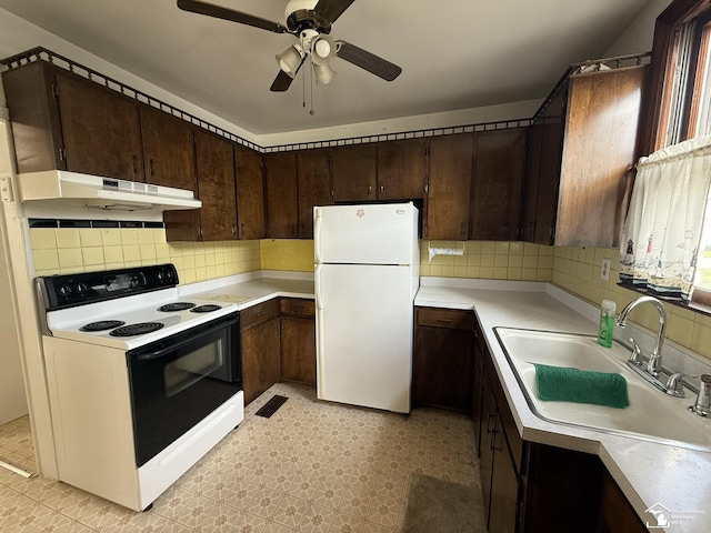 4971 Elm St, Newport, MI 48166 - kitchen featuring freestanding refrigerator, electric range oven, under cabinet range hood, a sink, and light flooring