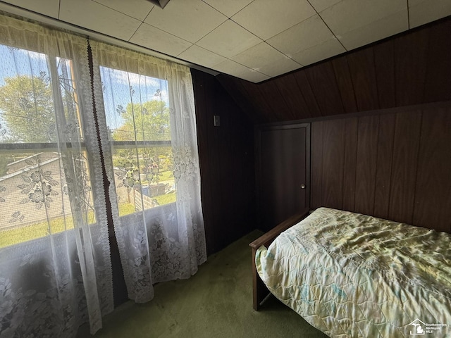 4971 Elm St, Newport, MI 48166 - carpeted bedroom featuring lofted ceiling and wood walls