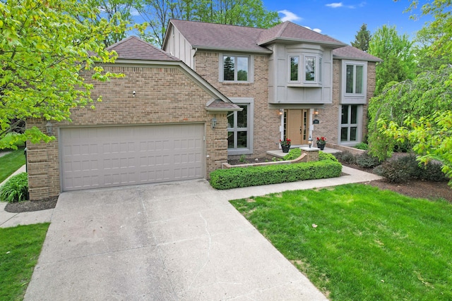 1663 Tacoma Dr, Rochester Hills, MI 48306 - view of front of home with brick siding, concrete driveway, a garage, a front yard, and roof with shingles
