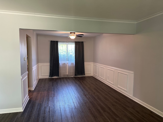 32336 Lancaster Dr, Warren, MI 48088 - unfurnished room with dark wood-style flooring, ceiling fan, a decorative wall, and a wainscoted wall