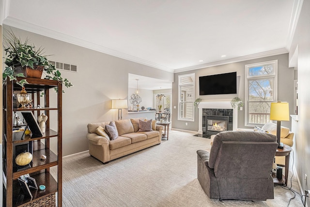 5489 Hidden Oak Cir, Linden, MI 48451 - living room with baseboards, crown molding, light colored carpet, a premium fireplace, and recessed lighting