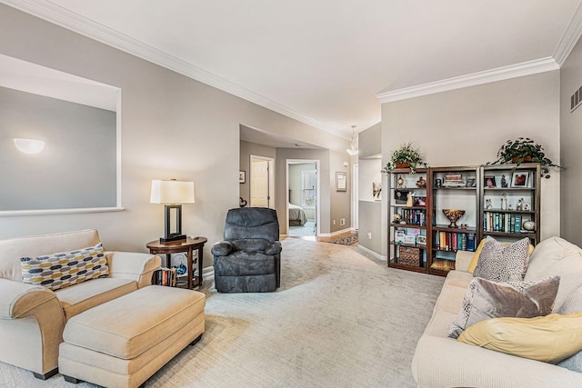 5489 Hidden Oak Cir, Linden, MI 48451 - living room with crown molding, carpet flooring, and baseboards