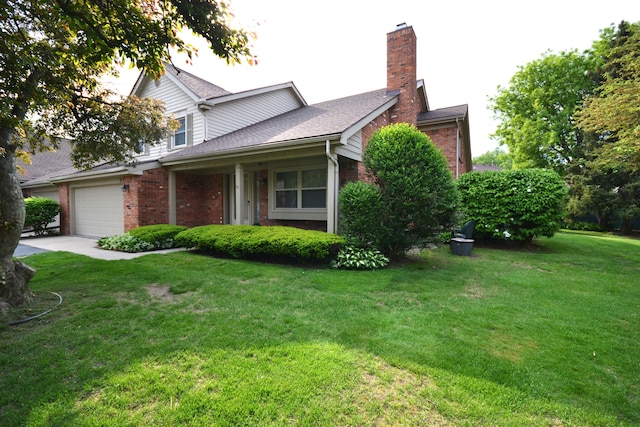 2 Cornell Ct, Dearborn, MI 48124 - view of front of house with brick siding, a chimney, a front yard, an attached garage, and driveway