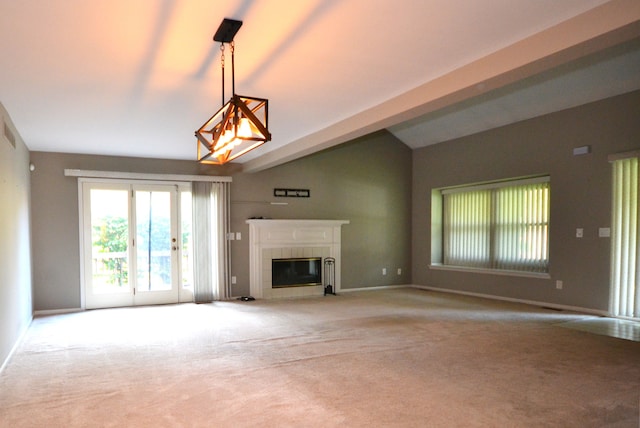 2 Cornell Ct, Dearborn, MI 48124 - unfurnished living room with vaulted ceiling, carpet, a tiled fireplace, and baseboards
