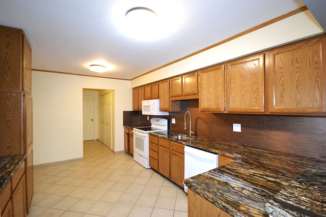 2 Cornell Ct, Dearborn, MI 48124 - kitchen featuring white appliances, a sink, backsplash, dark stone counters, and crown molding
