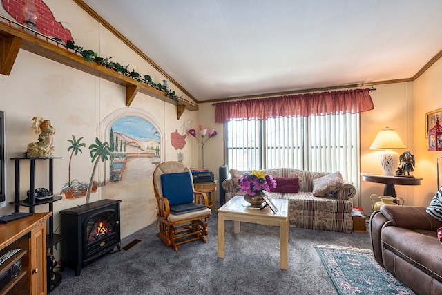 20616 Harmony, Clinton Township, MI 48036 - carpeted living room with ornamental molding, a wood stove, and lofted ceiling