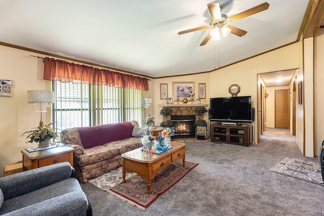 20616 Harmony, Clinton Township, MI 48036 - carpeted living area featuring vaulted ceiling, a ceiling fan, ornamental molding, and a stone fireplace