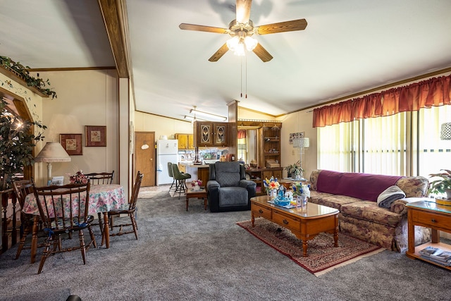 20616 Harmony, Clinton Township, MI 48036 - carpeted living area with ornamental molding, a ceiling fan, and vaulted ceiling