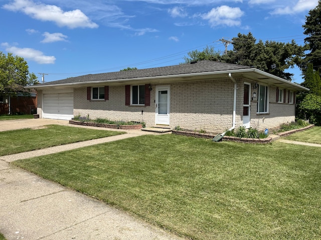 single story home with brick siding, a garage, driveway, a front lawn, and a shingled roof