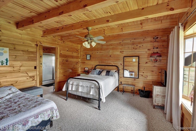 10071 Hillman Rd, Lakeview, MI 48850 - carpeted bedroom featuring a wooden ceiling with exposed beams and wood walls
