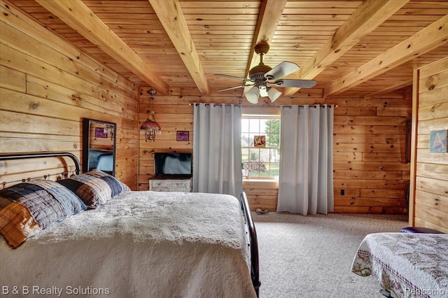 10071 Hillman Rd, Lakeview, MI 48850 - carpeted bedroom featuring wood walls, a wooden ceiling with exposed beams, and ceiling fan