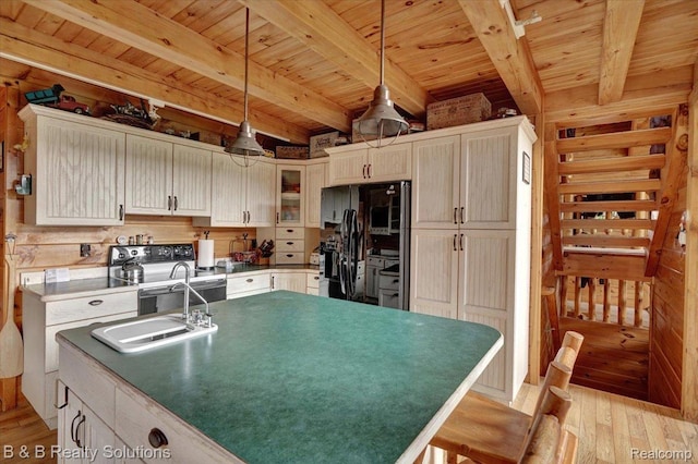 10071 Hillman Rd, Lakeview, MI 48850 - kitchen with black fridge with ice dispenser, a wooden ceiling with exposed beams, light wood-style flooring, electric range oven, and glass insert cabinets