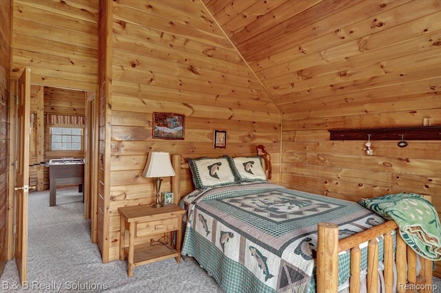 10071 Hillman Rd, Lakeview, MI 48850 - bedroom with carpet flooring, wooden walls, wood ceiling, and vaulted ceiling