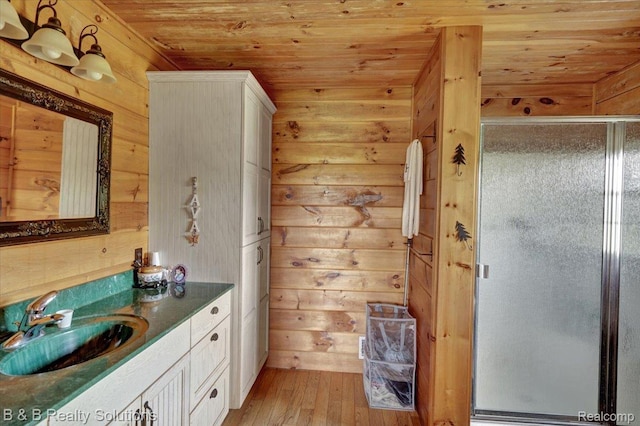 10071 Hillman Rd, Lakeview, MI 48850 - bathroom featuring wood ceiling, vanity, a shower stall, wooden walls, and hardwood / wood-style floors