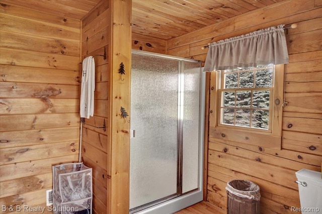 10071 Hillman Rd, Lakeview, MI 48850 - full bath with wood ceiling, wood walls, a shower stall, and wood finished floors