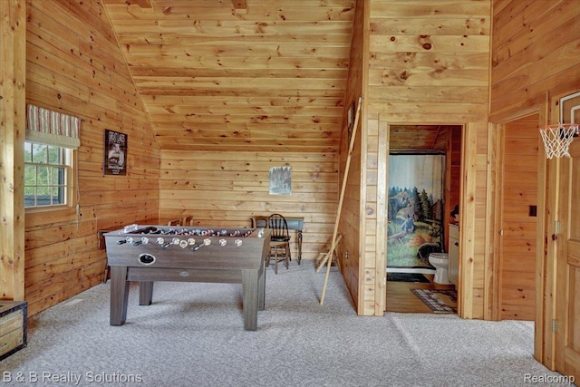 10071 Hillman Rd, Lakeview, MI 48850 - playroom featuring wooden walls, vaulted ceiling, carpet, and wood ceiling