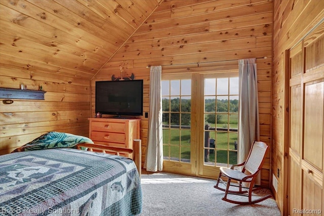 10071 Hillman Rd, Lakeview, MI 48850 - carpeted bedroom with lofted ceiling, wooden walls, wooden ceiling, and access to exterior