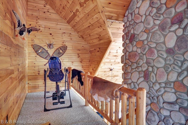 10071 Hillman Rd, Lakeview, MI 48850 - bedroom featuring wooden ceiling, wooden walls, vaulted ceiling, and carpet flooring