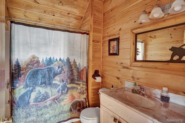 10071 Hillman Rd, Lakeview, MI 48850 - bathroom featuring vanity, wood walls, and curtained shower